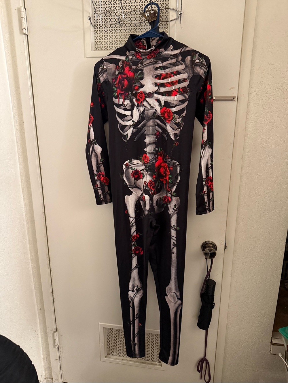 Women’s Black Skeleton Jumpsuit with Red Rose Print